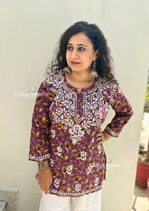 Pari Mul Cotton Short Chikankari Kurti - Purple
